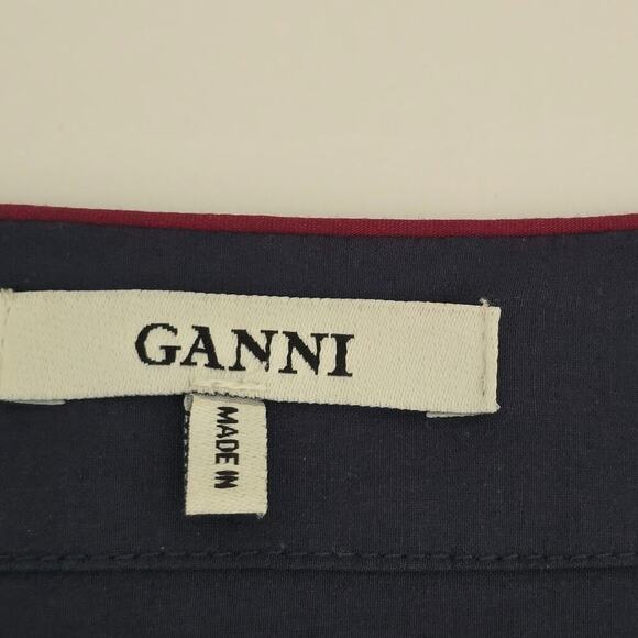 GANNI Navy Blue Poplin Midi Dress M Ruffle Embroidered Boho Luxury Minimalist - Picture 9 of 15